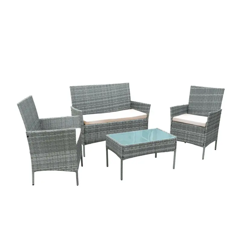 4-Piece Grey Rattan Outdoor Sofa Set for Garden or Patio