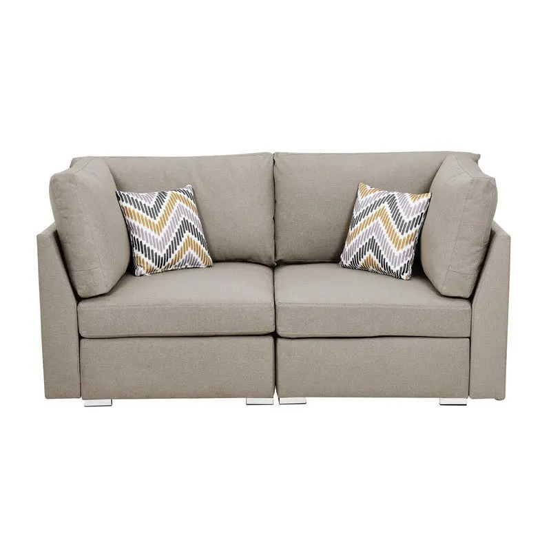 Amira Beige Fabric Two-Seater Couch with Throw Pillows