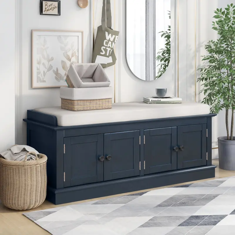 Antique Navy Stash Bench with Dual Drawers and Concealed Cabinet Storage
