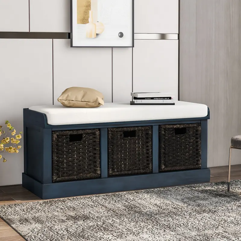 Antique Navy Storage Bench with Three Detachable Classic Rattan Baskets