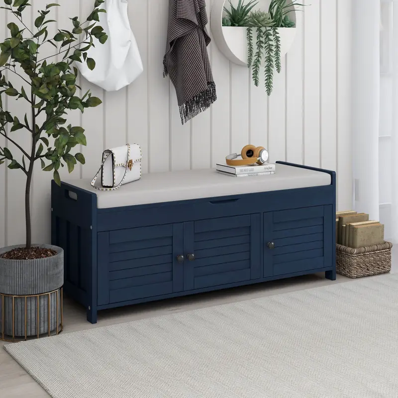 Antique Navy Trex Bench with Three Decorative Shutter-Front Compartments
