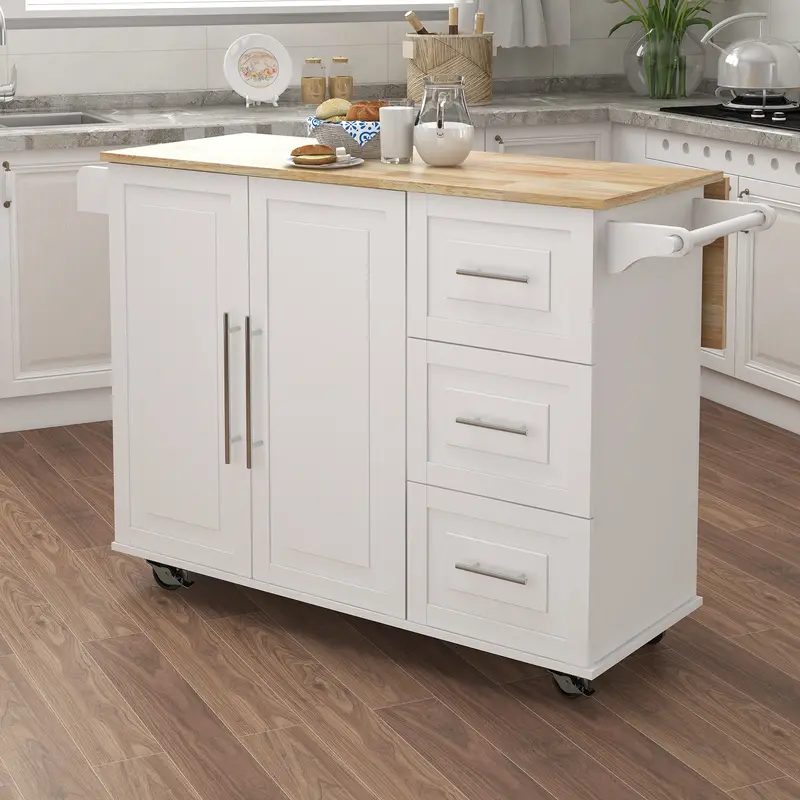 Artisan White Kitchen Island with Solid Hardwood Tabletop and Rustic Charm