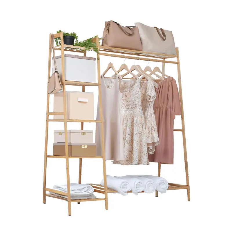 Bamboo Clothing Rack with Hanging Rail, Side Hooks & Integrated Shelf