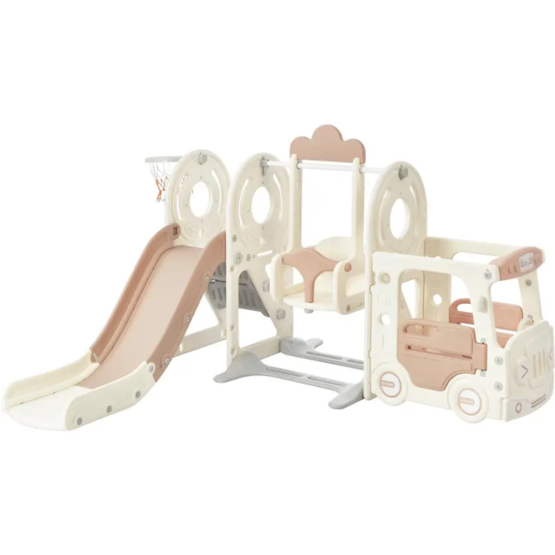 Beige Bus-Themed Swing-and-Slide Playset for Kids