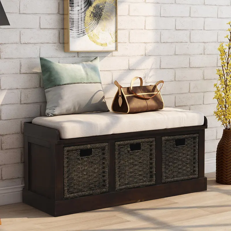 Bella Espresso Storage Bench with Three Rattan Baskets