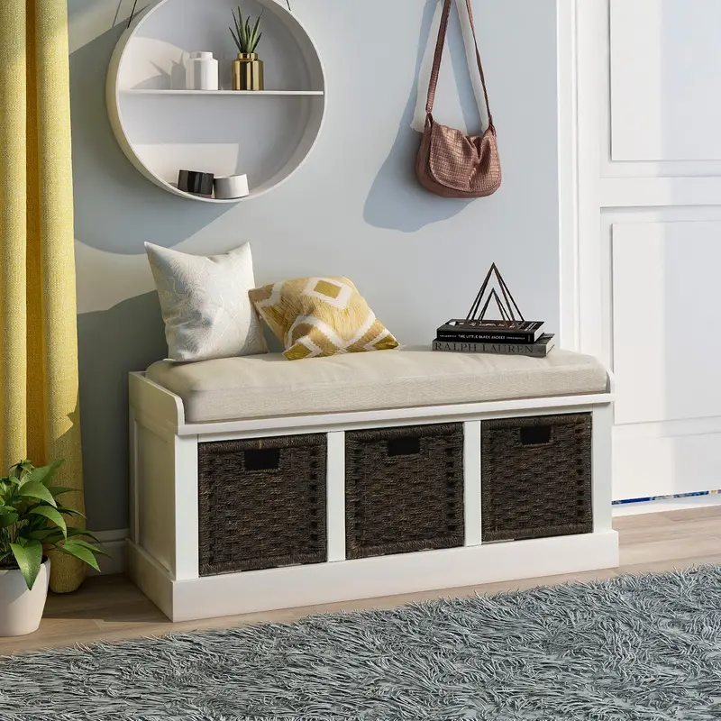 Bella Upholstered Storage Bench with Three Removable Rattan Baskets