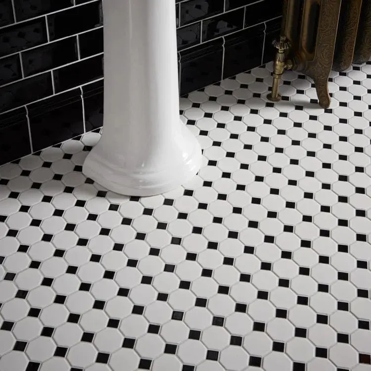 Black and White Octagon Mosaic Tile Sheet – 295x295mm Classic Design
