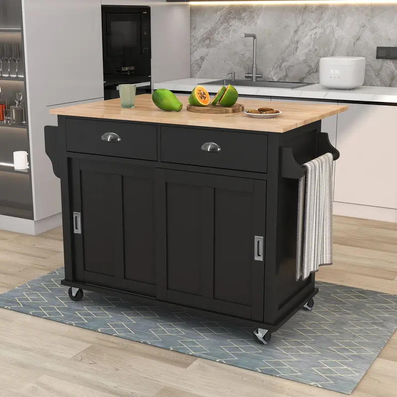 Black Barn-Door Kitchen Cart with Built-in Countertop
