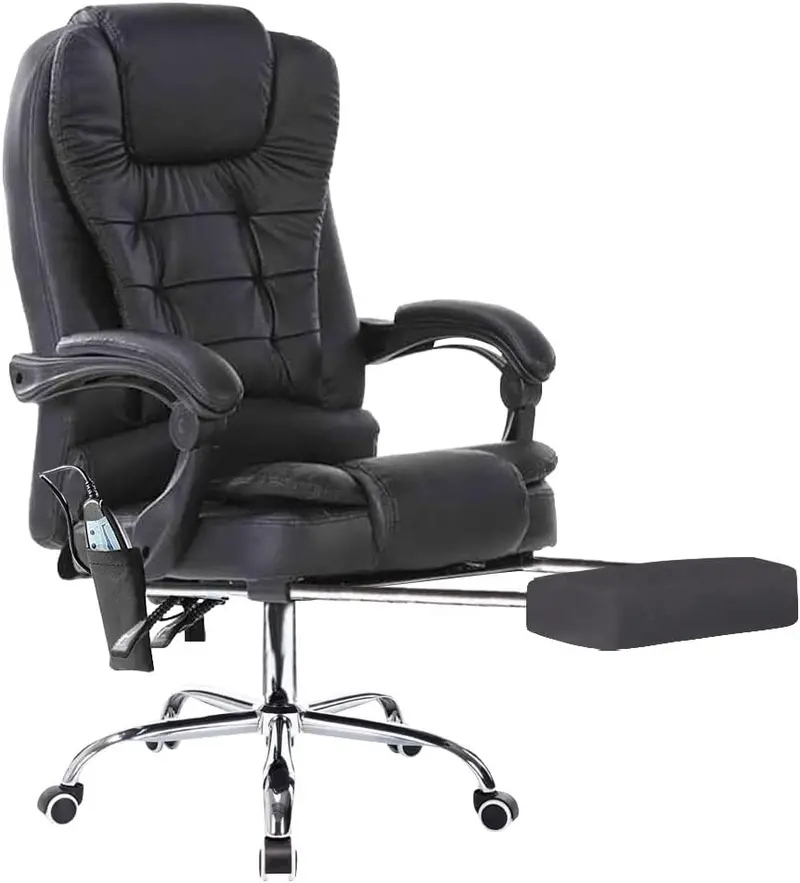 Black Massage Office Chair – PU Leather, Steel Frame & Footrest