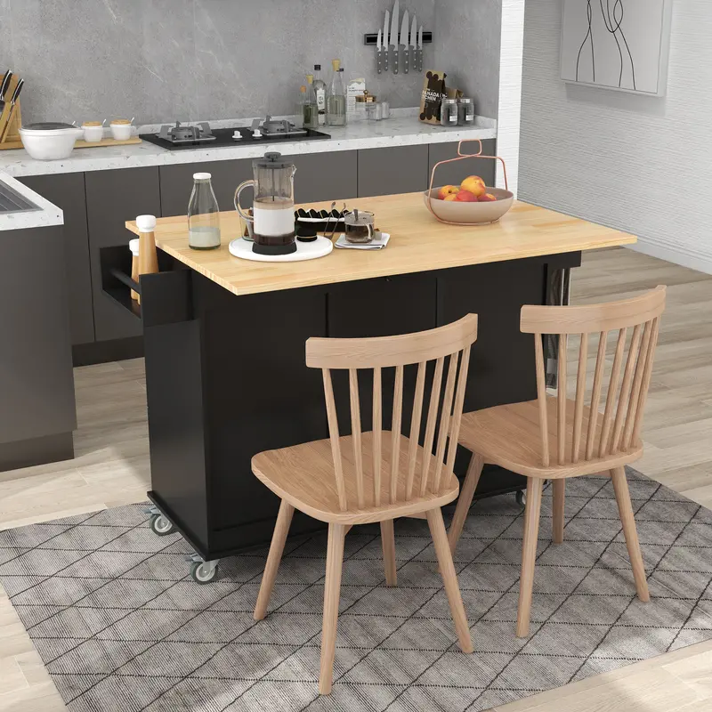 Black Oasis Kitchen Island Featuring Solid Wood Top & Locking Casters