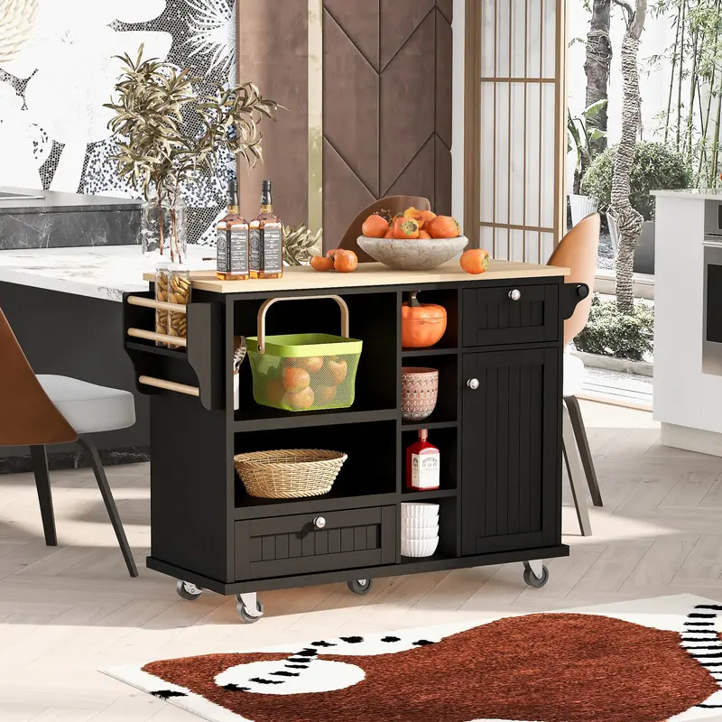 Black Retro Kitchen Island Featuring Concealed Cabinet Storage