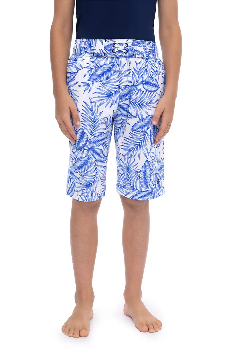 Boys’ Tropical Swim Trunks – White Ohana Palm Print