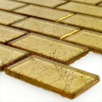 Bullion Gold Glass Brick Mosaic Tile | 30x30cm Lustrous Wall Detail