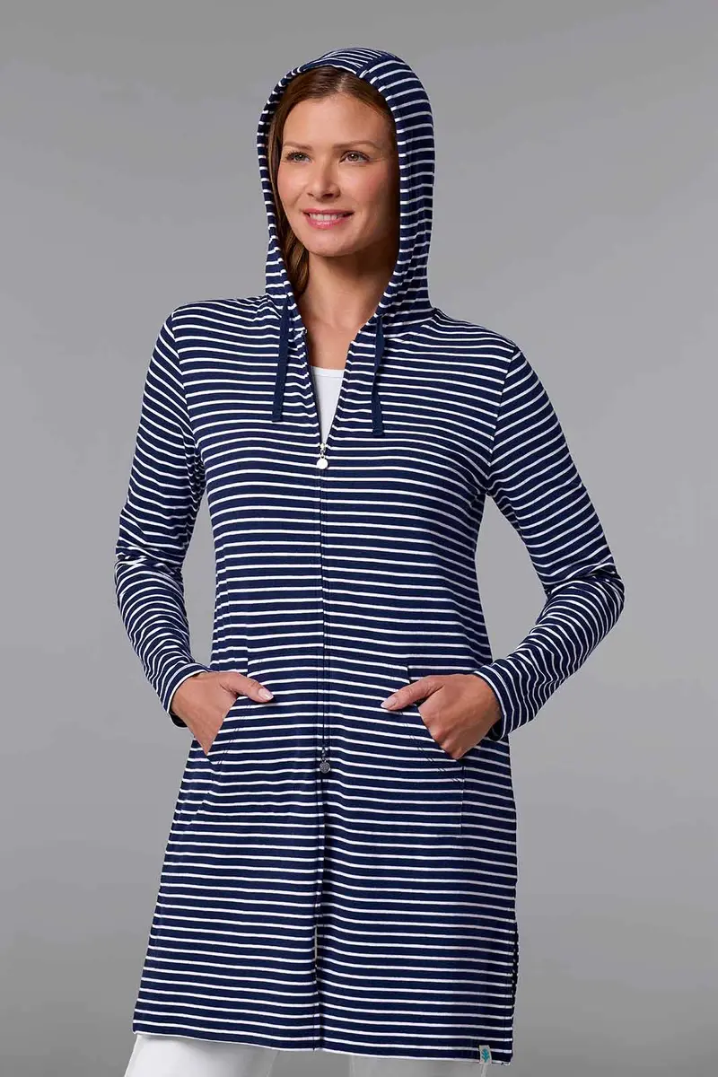 Cabana Extended-Length Zip-Up Hoodie for Women – Navy/White Stripe