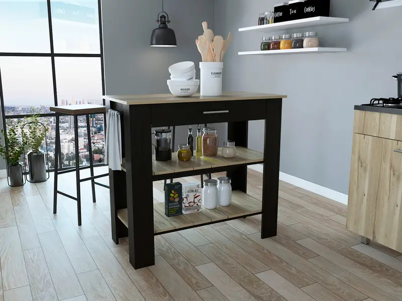 Cala Black and Light Oak Kitchen Island – 40-Inch Contemporary Design
