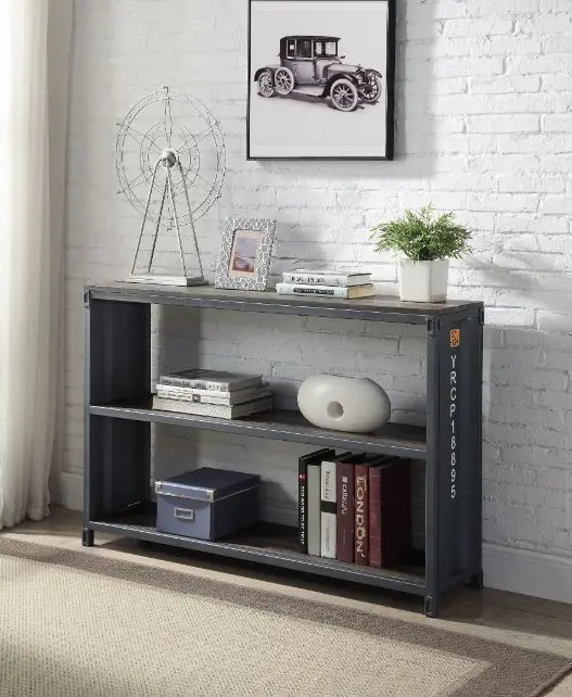 Cargo-Style Bookshelf with Rustic Metal Accents and Wood Panels