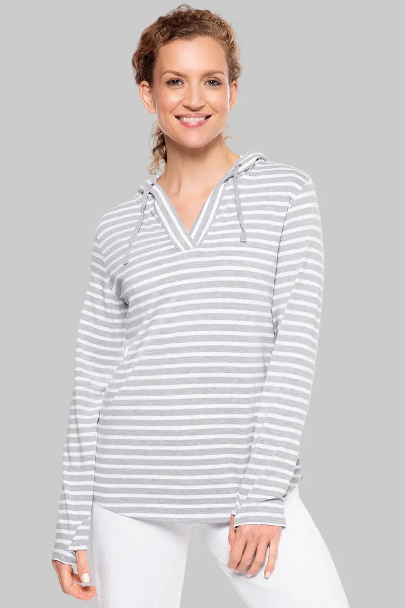 Catalina Women’s Hoodie in Grey-and-White Striped Knit