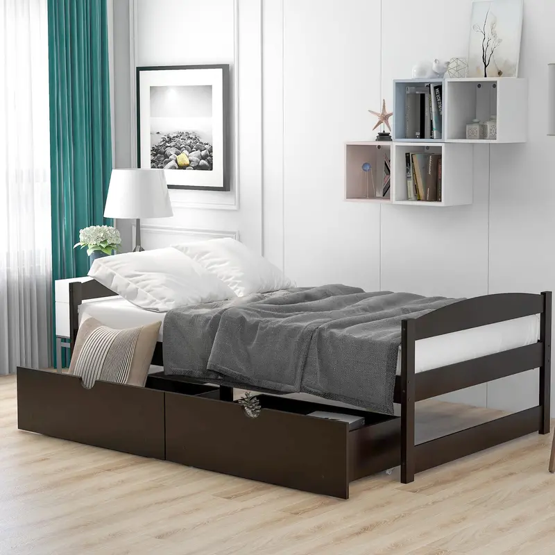 Espresso Finish Twin Platform Bed with Dual Storage Drawers