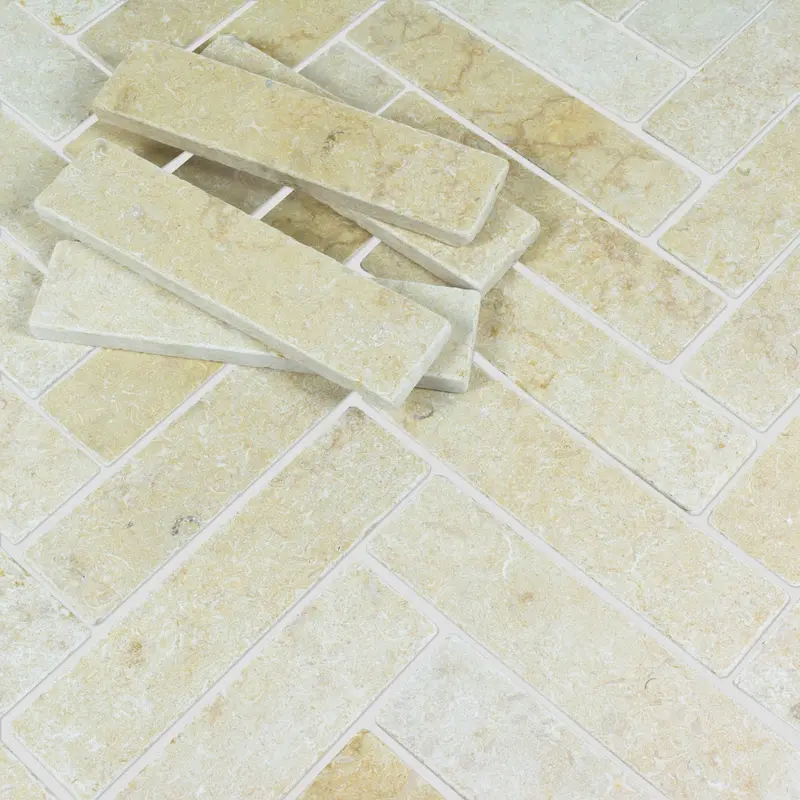 Fossil Gold Tumbled Limestone Herringbone Tile for Outdoor Patios