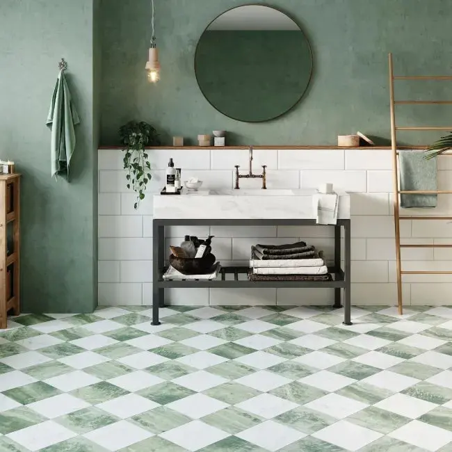 Green Chequered Marble-Effect Tile – 44×44 cm, Floor & Wall