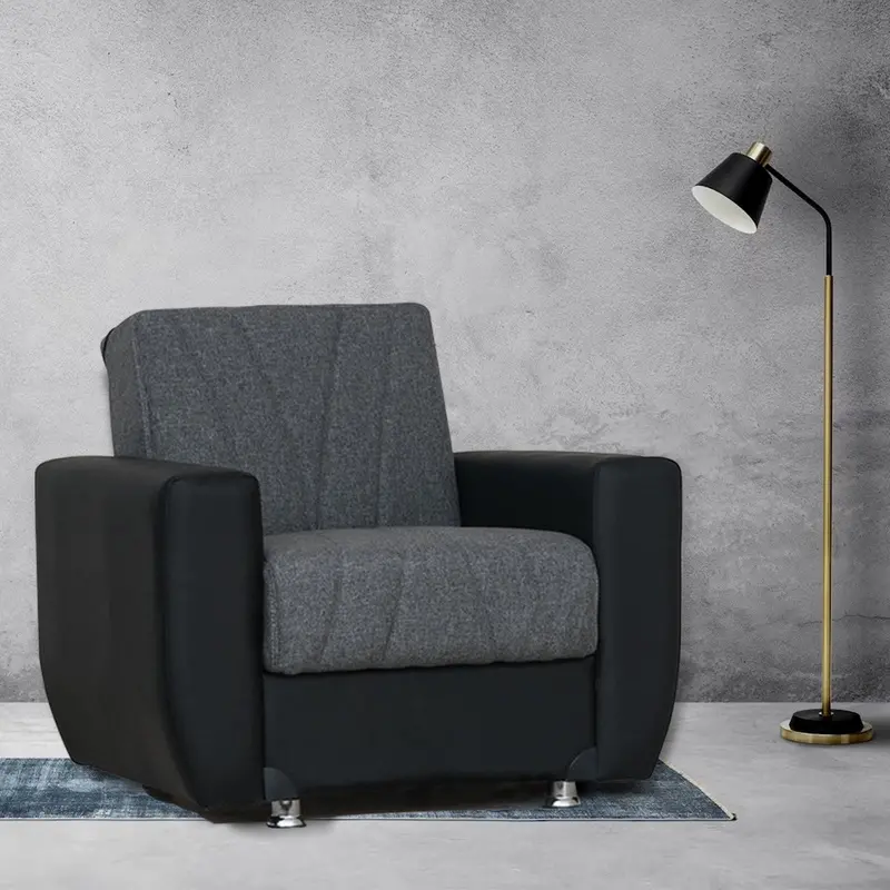 Hala Gray Fabric and Black PU Leather Armchair – Sophisticated Dual-Material Lounge Chair