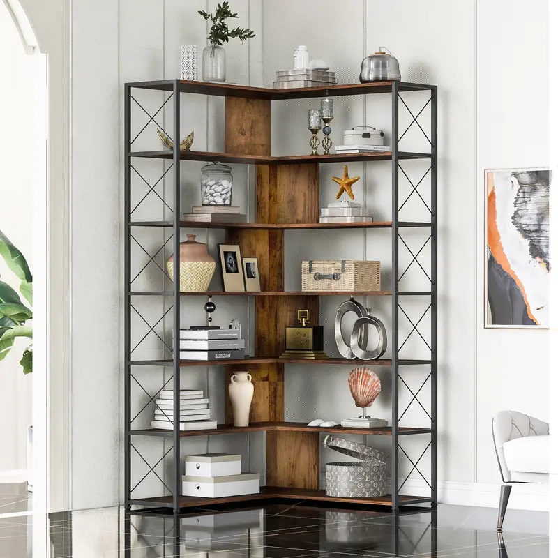 L-Shaped Corner Bookcase in Brown Finish