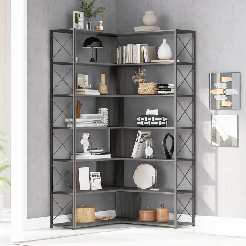 L-Shaped Corner Bookcase in Silver and Grey