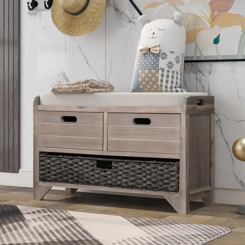 Lucy Whitewashed Storage Bench with Removable Basket and Cushion