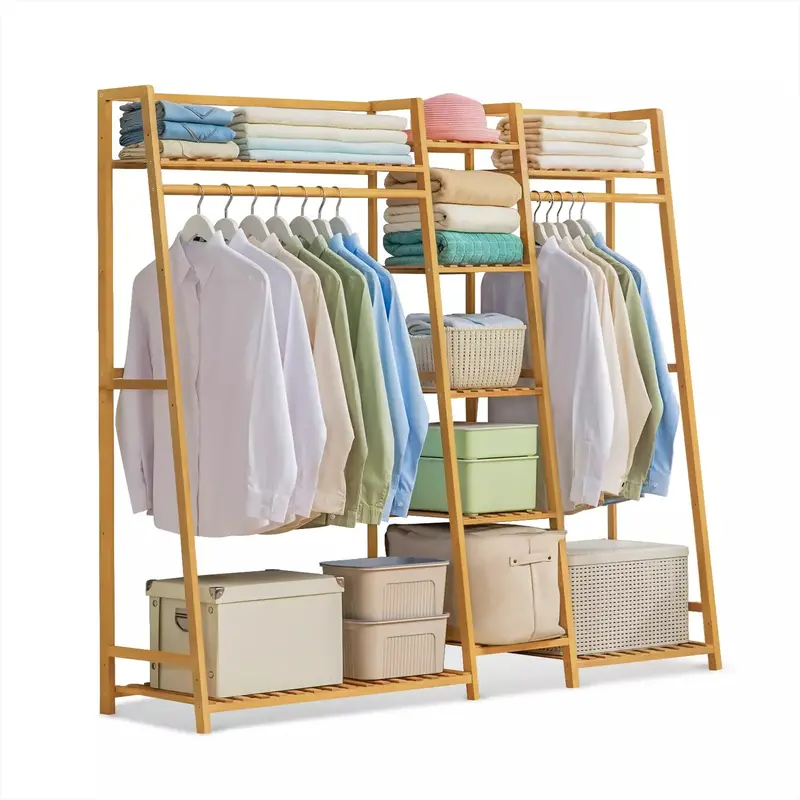 Natural Bamboo Freestanding Clothing Rail with Open Shelving