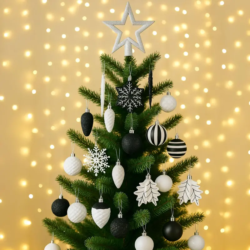Neo Black and White 110-Piece Shatterproof Christmas Ornament Set — Star Topper, Baubles, Snowflakes & Icicles
