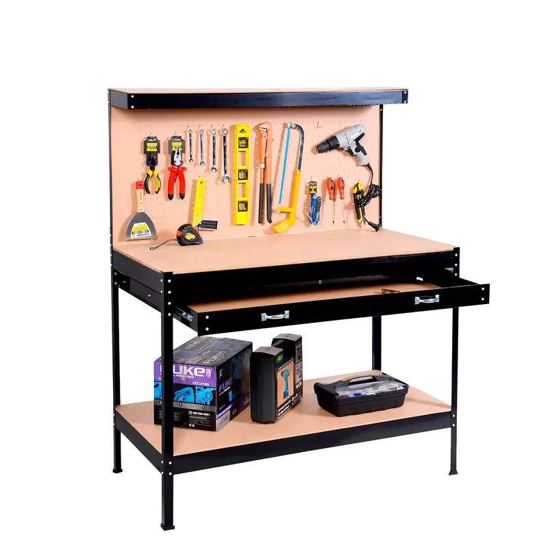 Neo Black Heavy-Duty Steel Workbench with Pegboard and Storage Drawer