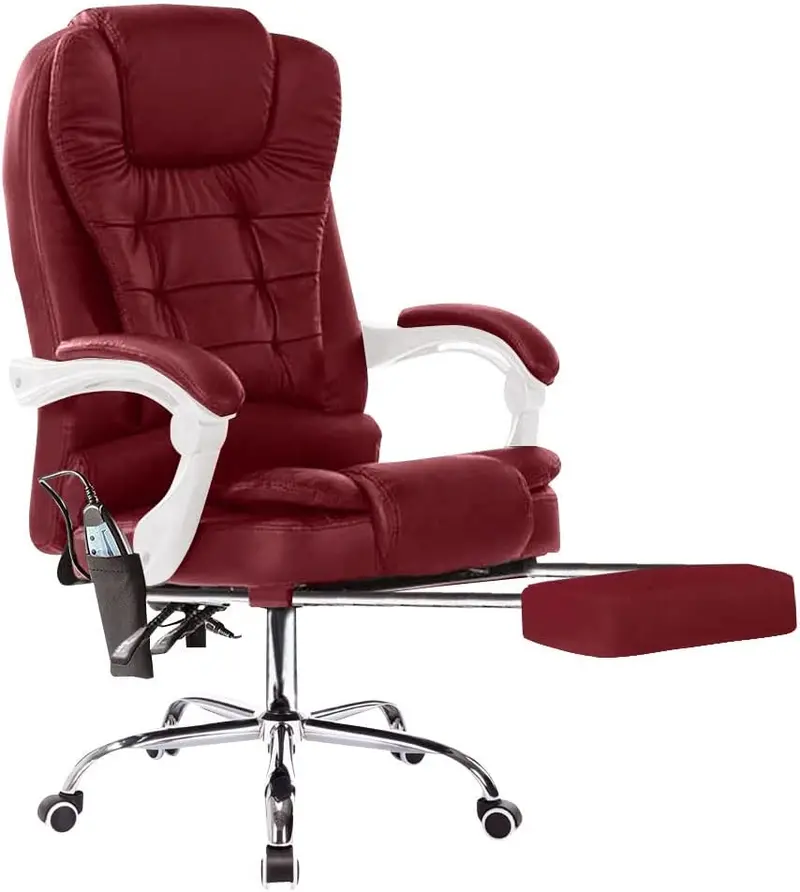 Neo Burgundy Faux Leather Office Chair with Integrated Footrest and Massage Feature