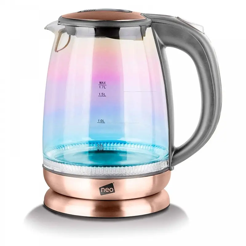 Neo Grey 1.7L Colour-Changing Glass Kettle – Copper-Trimmed LED-Illuminated Kettle
