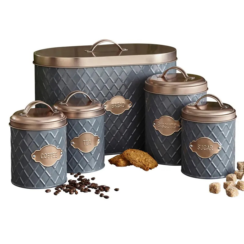 Neo Grey Embossed Ceramic Kitchen Canister Set – 5-Piece