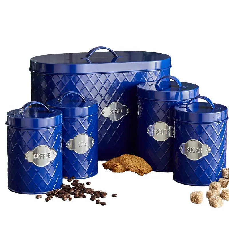 Neo Navy Blue Embossed Ceramic Canister Set – 5-Piece