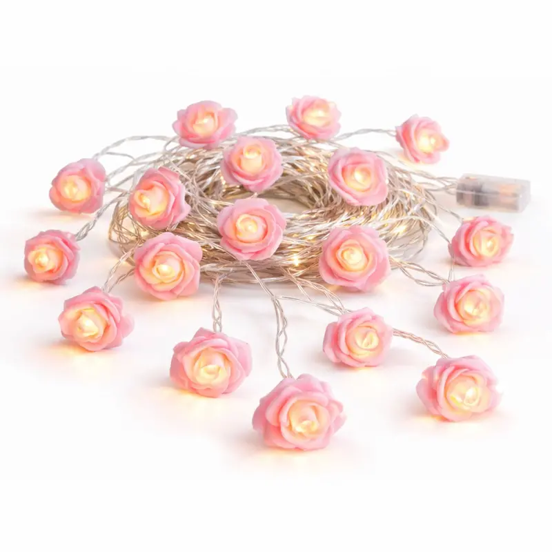 Neo Pink Rose LED Fairy Light String — 20 Warm White Bulbs for Cozy Bedroom or Event Decor