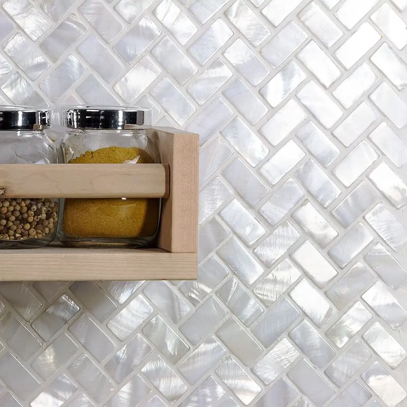 Oyster White Pearl Herringbone Polished Mosaic