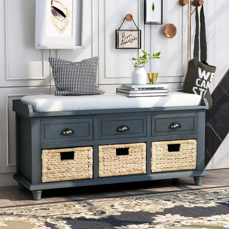 Rustic Antique Navy Storage Bench with Three Drawers and Baskets