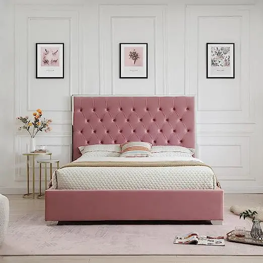 Sophia Velvet King Bed – Sleek Silver Metal Framing – Go Green Woods