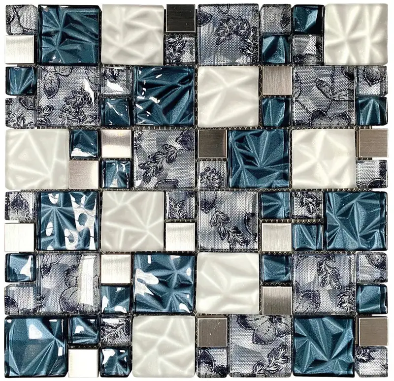 Textile Blue Silk Effect Square Mosaic – 300x300mm Subtle Iridescent Tile