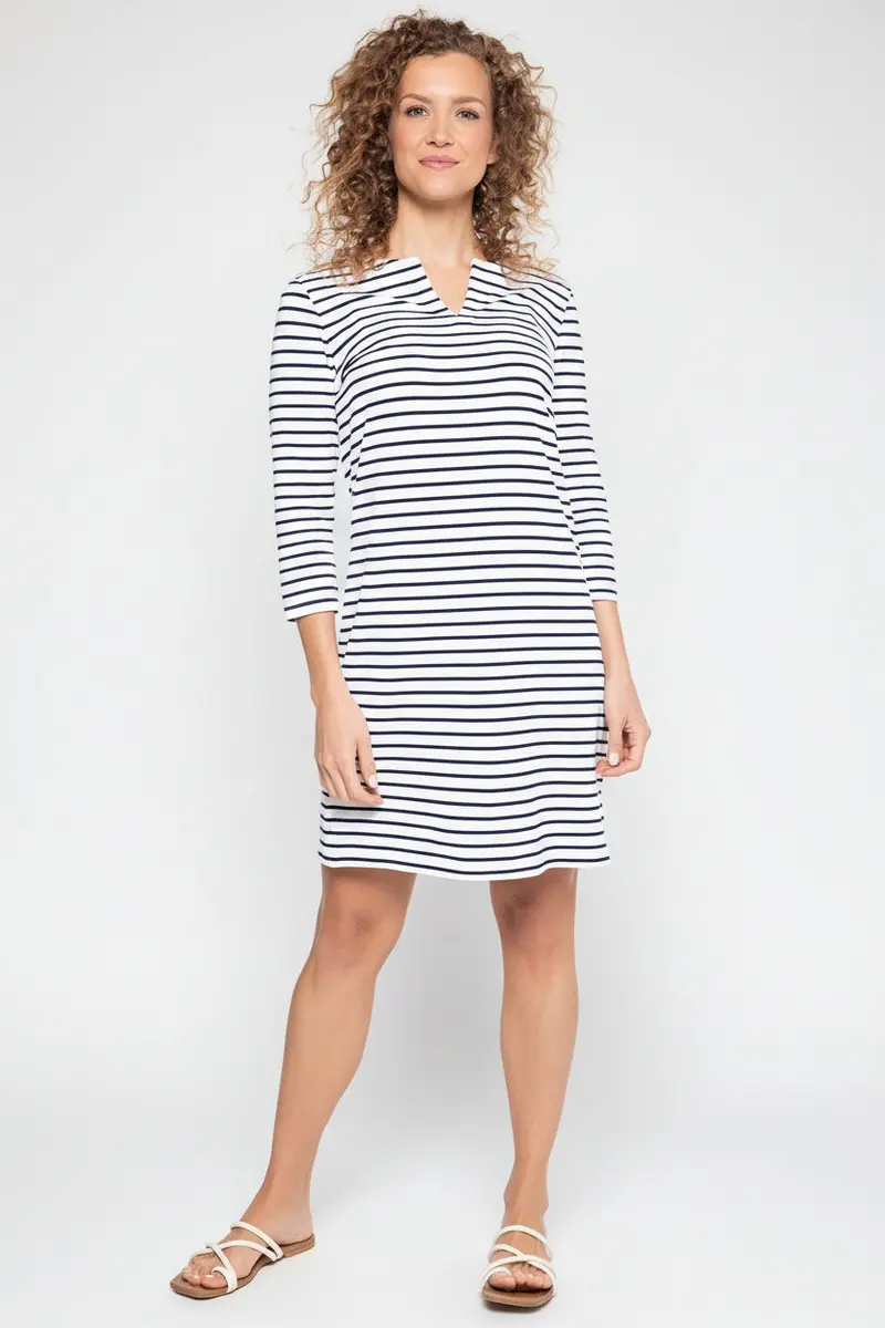 White-and-Navy Striped Oceanside 3/4-Sleeve Tunic Dress for Women