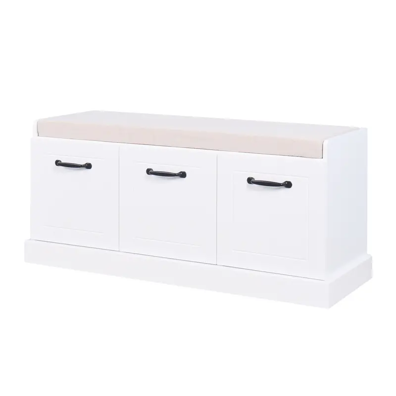 White-Cushioned Wooden Shoe Storage Bench