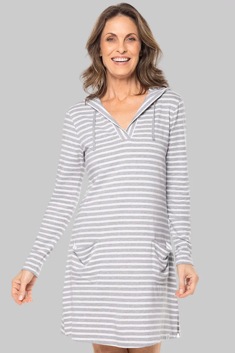 Women’s Catalina Cover-Up Dress with Pockets – Grey & White Stripe