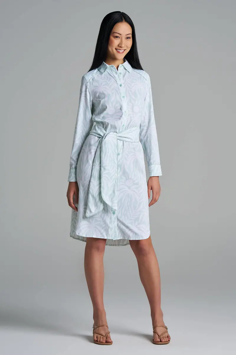 Women’s Kitts Misty Aqua Palm Print Shirt Dress with Belt
