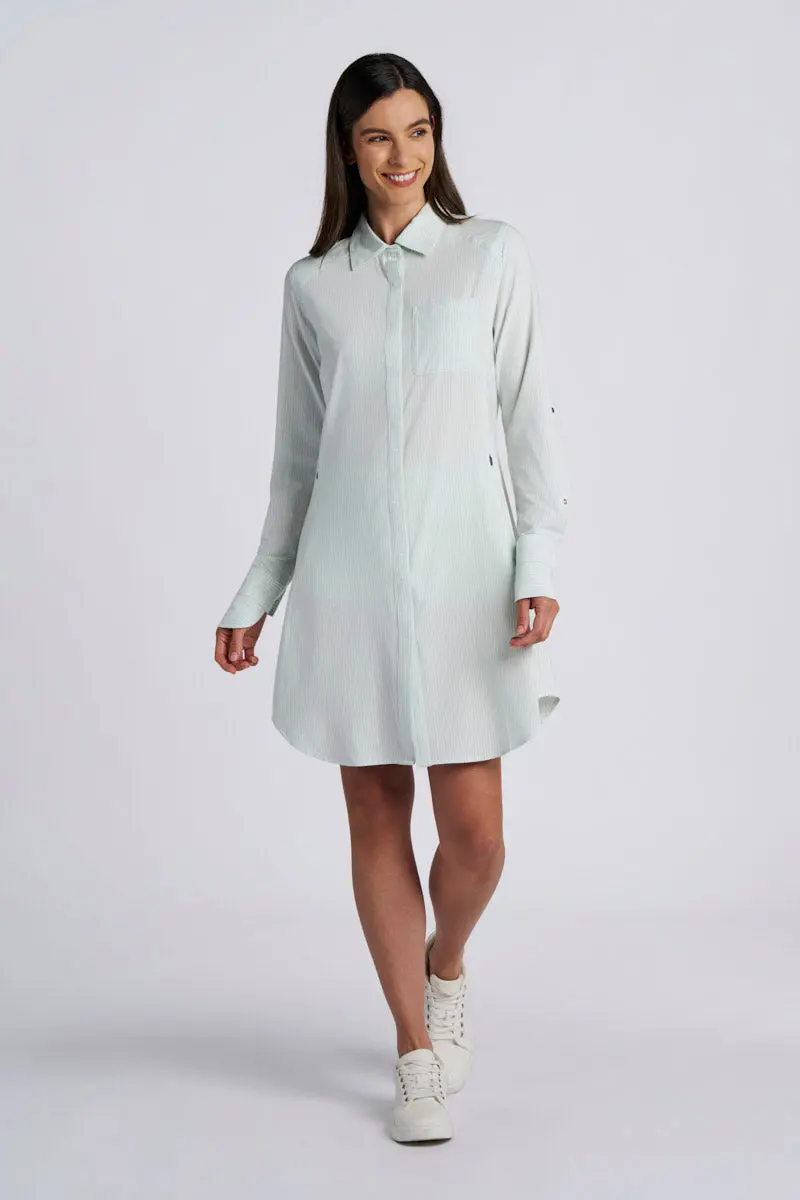 Women’s Malta Travel-Friendly Shirt Dress – White & Misty Aqua Stripe