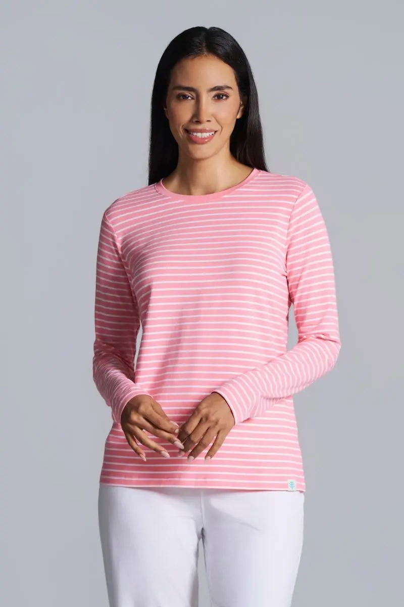 Women’s Morada Long-Sleeve Striped Tee – Flamingo Pink & White