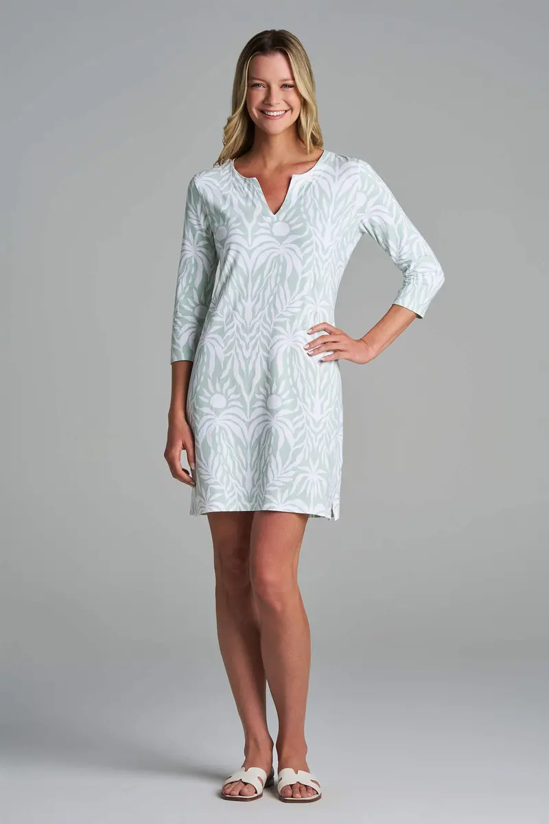 Women’s Oceanside 3/4-Sleeve Tunic Dress – Misty Aqua American Palm