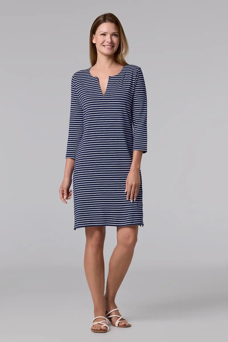 Women’s Oceanside Navy-and-White Stripe Tunic Dress with 3/4 Sleeves