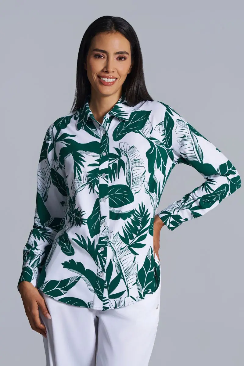 Women’s Rhodes Tropical Shirt – Long Sleeve with Palm Paradise Print